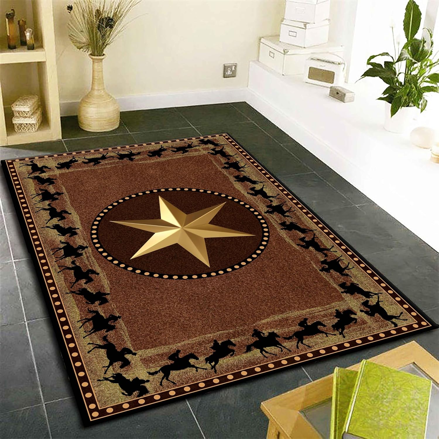 Brown Texas Star Rug, 3x5ft, Bohemian Western Cowboy Indoor Carpets, Thin Cozy Easy Clean Washable Carpet, Breathable Absorbent Dirty Resistant Non-Slip Mat for Floor Family Bedside