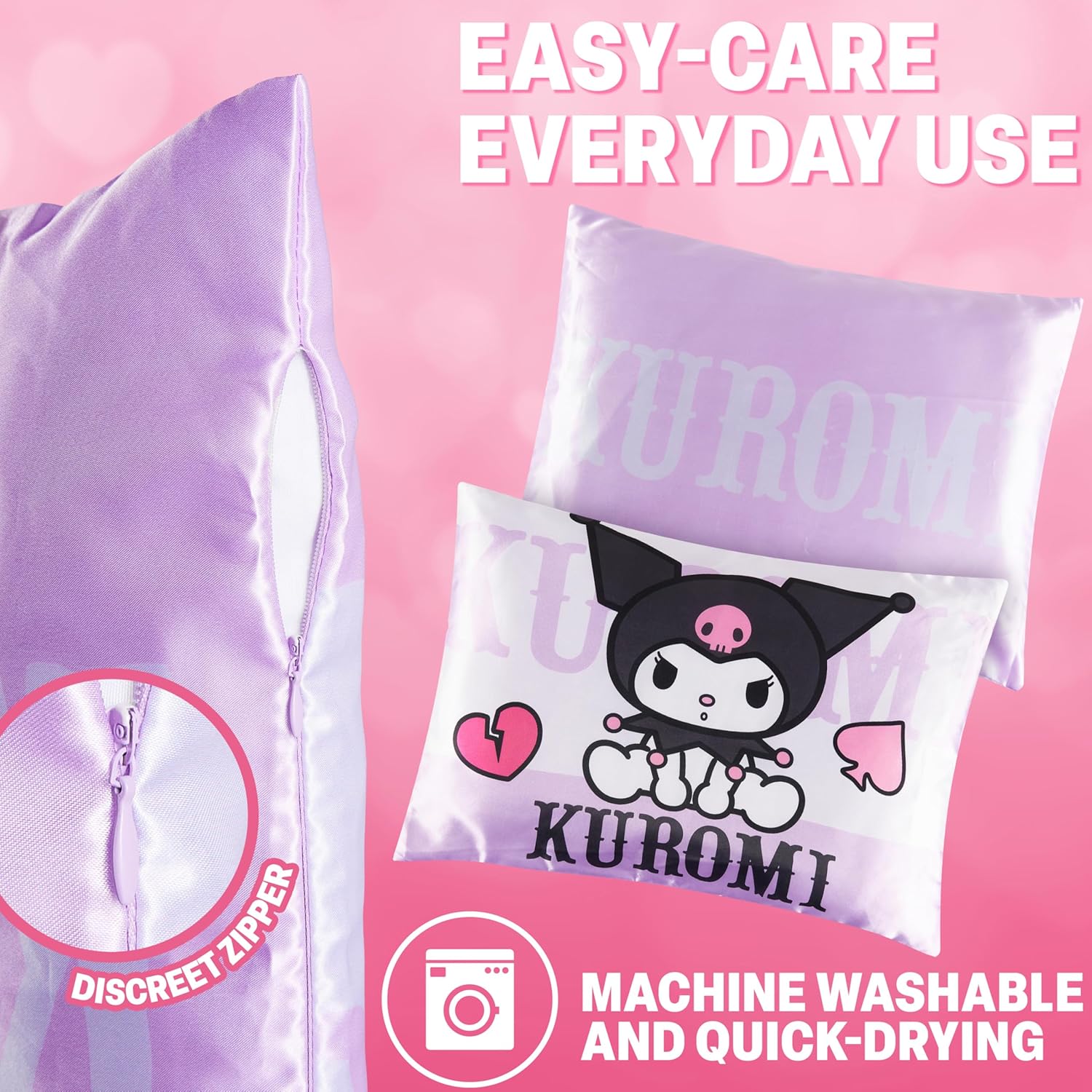 Get Trend Hello Kitty Gifts Kuromi Satin Pillowcase 19x26in, Sanrio Zipped Pillow Covers for Hair Skin, Smooth Glossy Kawaii Gifts for Women, Teens - Image 5