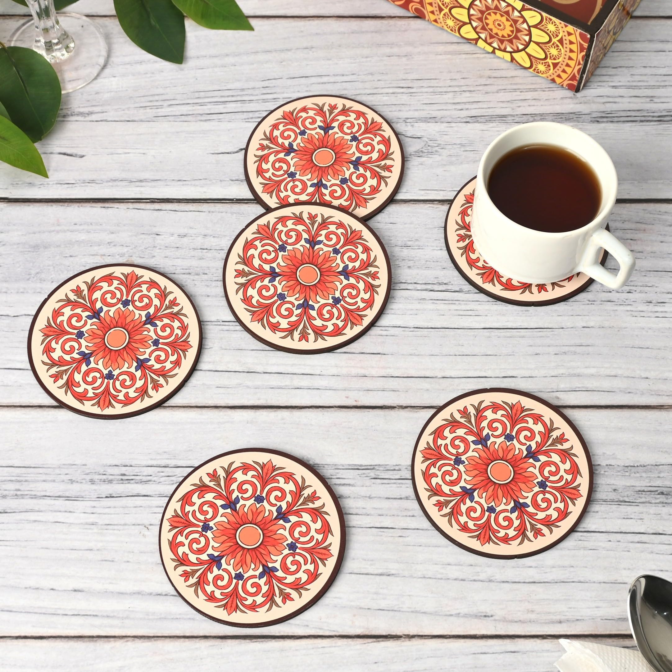 GKD Flower Coasters Wooden Tea & Coffee Coasters Set of 6 with Stand | Round Coasters 3.5 Inch | Heat & Water Resistant Table Coasters for Cups, Mugs & Glasses | Made in India