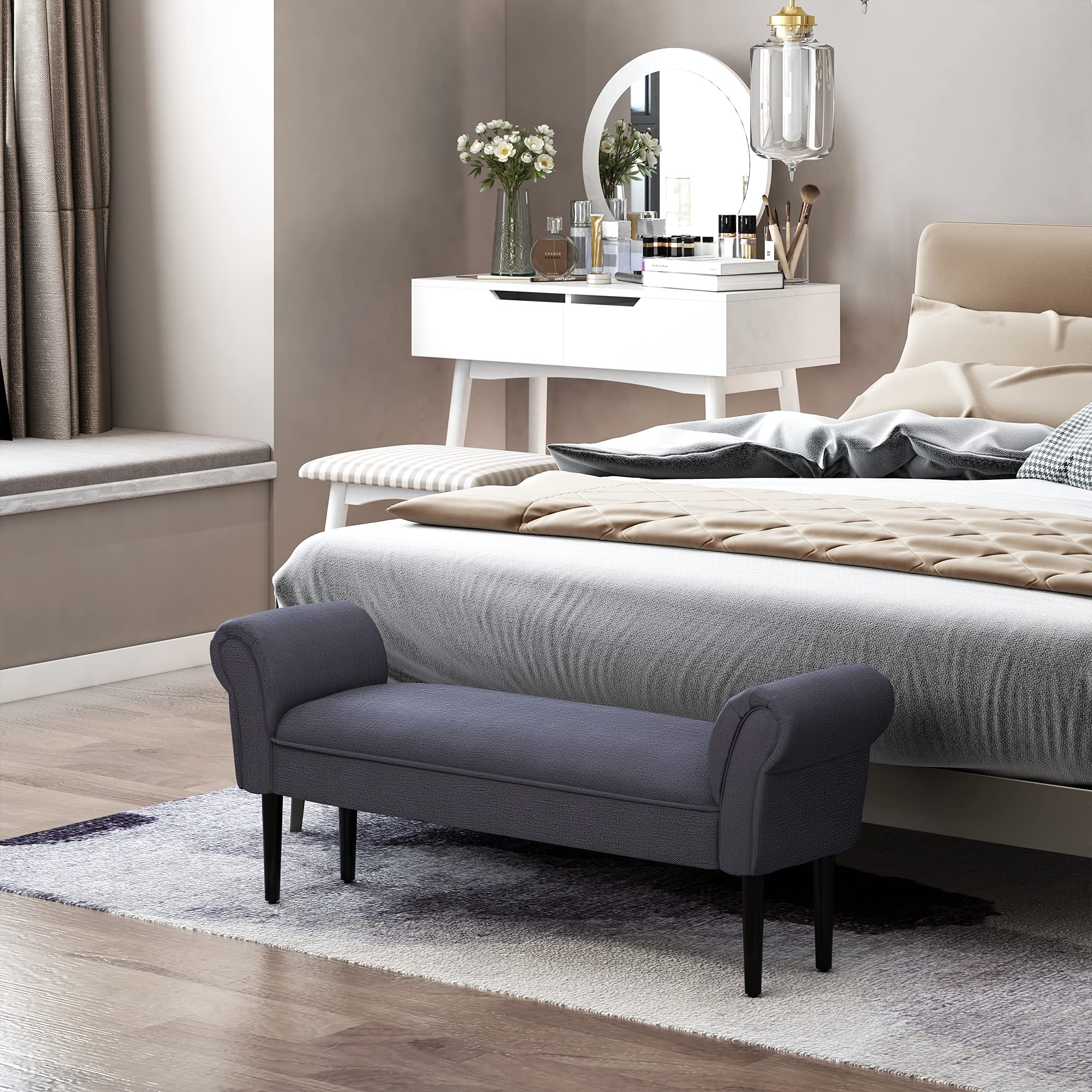 Homcom French Vintage End Of Bed Bench, Linen Upholstered Bench With Thick Padded Seat And Wood Legs Tufted Bedroom Bench