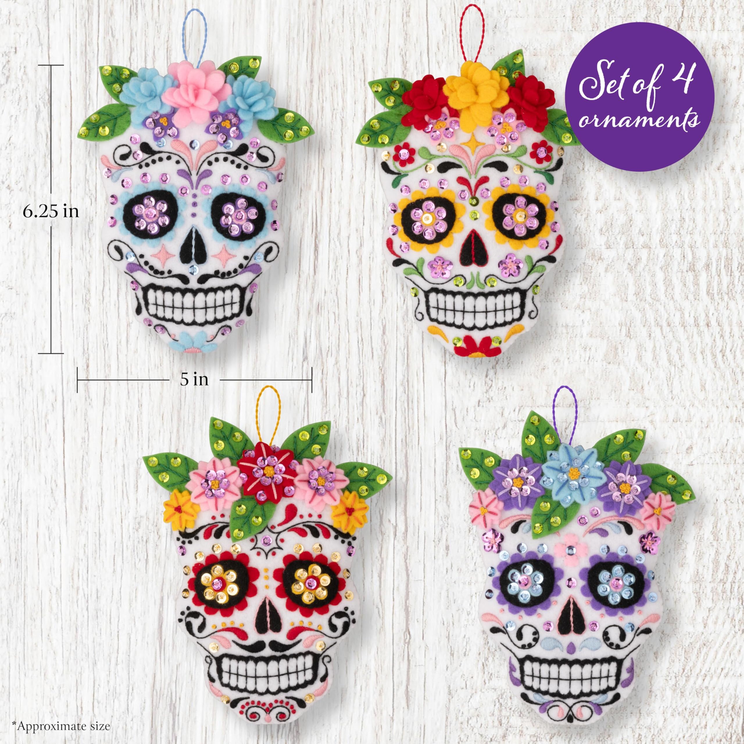 Bucilla, Floral Sugar Skulls, Felt Applique 4 Piece Ornament Making Kit, Perfect for DIY Arts and Crafts, 89726E