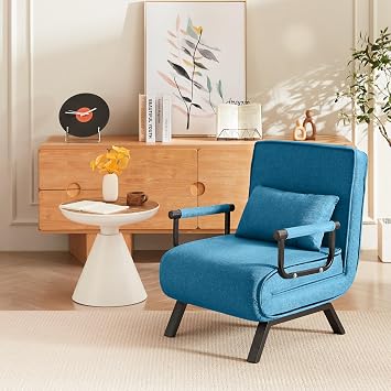 QQU 5-in-1 Convertible Sleeper Chair, Adjustable Folding Sofa Pull Out Bed, Chaise Lounge & Single Bed, Lounge Chair Indoor for Small Spaces, Living Room, Office, Apartment, Guest Room, Blue