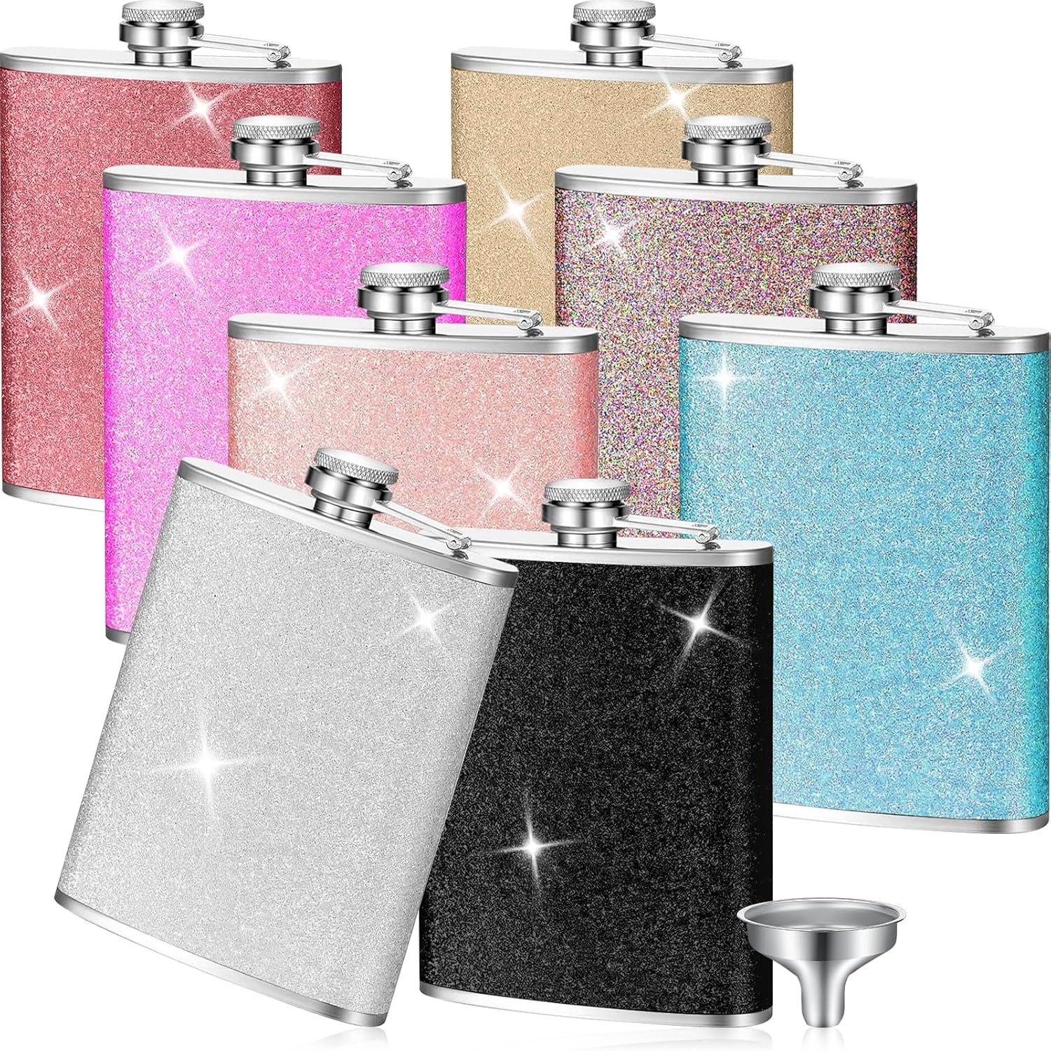 Hushee 8 Pcs Bling Leakproof Flask with 8 Funnels Liquor
