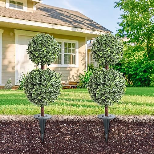Miniatura 3 de momoplant Árboles artificiales de doble bola topiaria con pico de tierra de 27 pulgadas para exterioresinteriores (paquete de 2) plantas de boj