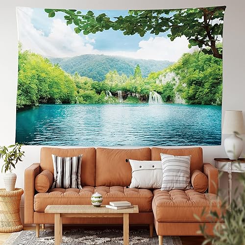 Ambesonne Tapiz rústico, lago en bosque profundo alimentado por varias cascadas en verano, impresión idílica de vista, colgante de pared ancho para