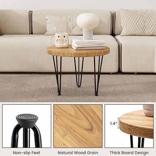 Miniatura 3 de Fun Memories Mesa auxiliar redonda Mesa anidable de madera de olmo con patas de metal y base antideslizante Mesas auxiliares rústicas anidables