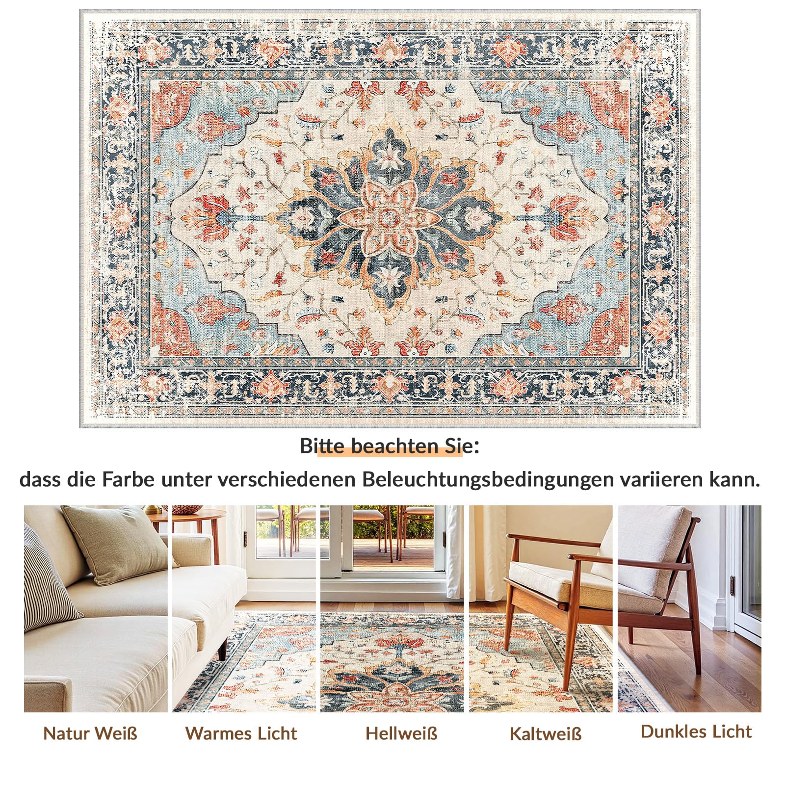 INOVADAY Vintage Waschbarer Teppich Wohnzimmer 90x150 cm Boho Kurzflor rutschfest Teppich Weich Teppiche mit Druckmuster für Schlafzimmer, Esszimmer, Büro Beige/Blau/Orange