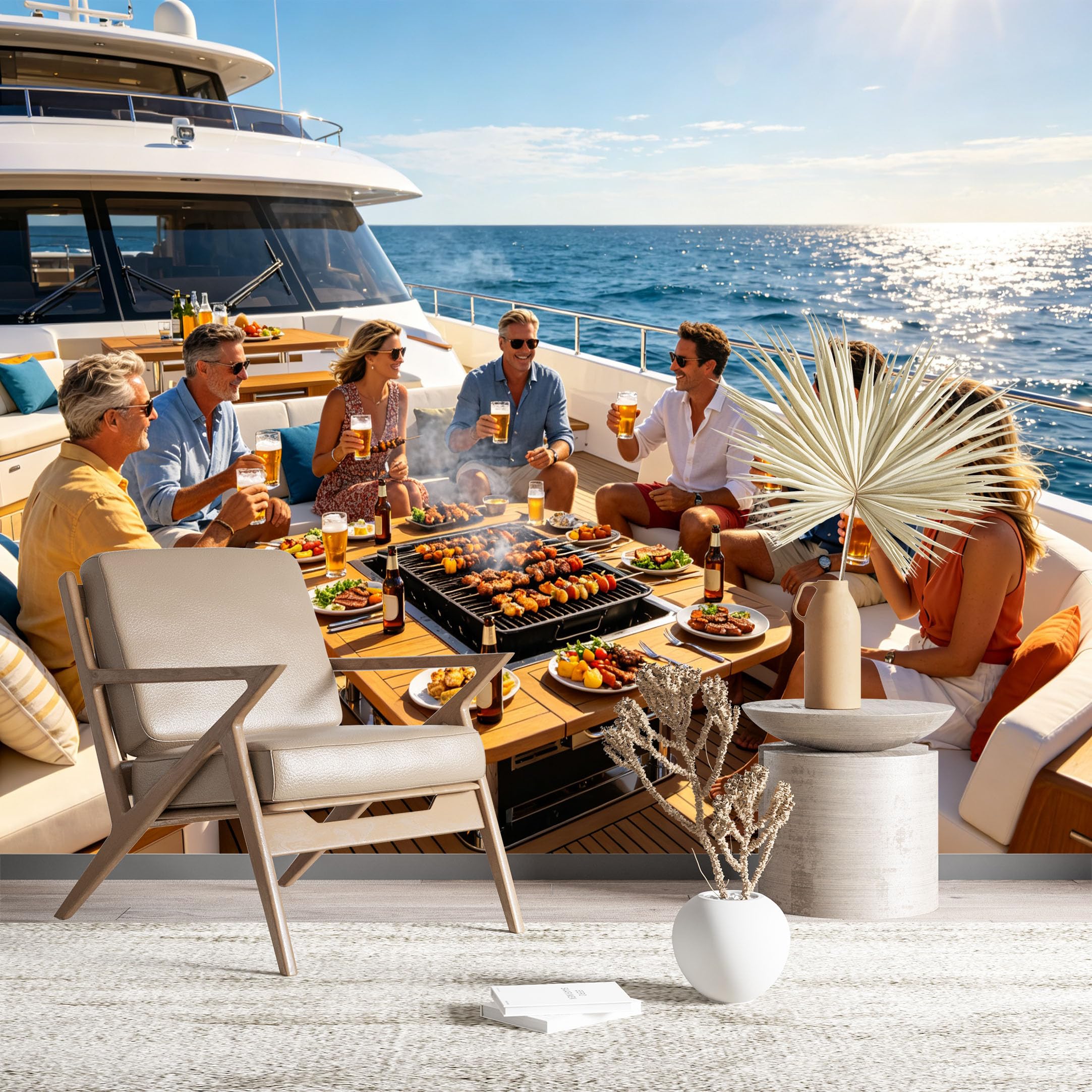 Custom Size Wall Murals Yacht BBQ Party Self-Adhesive Wall Fabric (NO PVC) Removable Wallpaper for Game Room Bar
