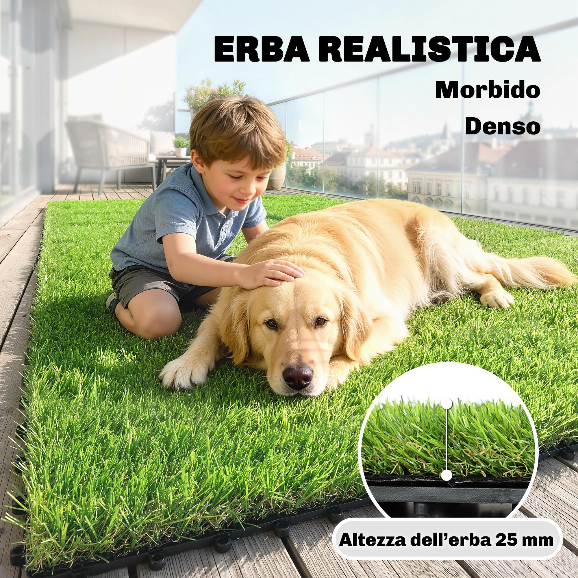 Outsunny 22 Pezzi Erba Sintetica per Esterno, Tappetino 30x30 cm con Altezza Pelo 25 mm, Drenante, per Giardino, Balcone, Patio, Verde