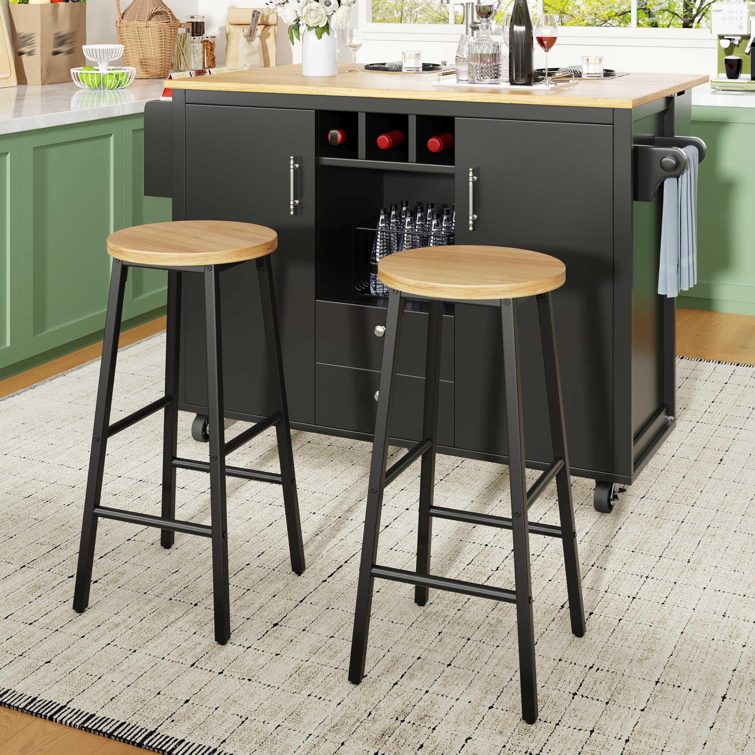 Servierwagen Set mit 2 Barhockern, klappbare Arbeitsplatte, Schwarz