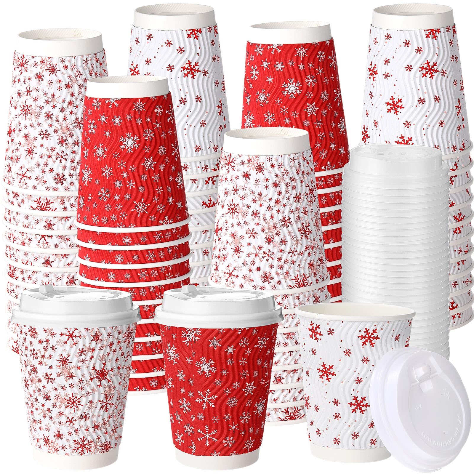 100 Pack Winter Paper Coffee Cups with Lids 12 oz Snowflake Disposable Drinking Cups Insulated Corrugated Ripple Wall Drinkware for Xmas Winter Holiday Party Supplies (Red,White)