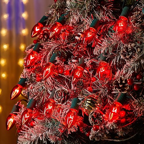 Miniatura 4 de Brightown Paquete de 25 bombillas incandescentes C9 rojas, bombillas de repuesto C9 de Navidad para cadena de luces de Navidad, base intermedia E17,