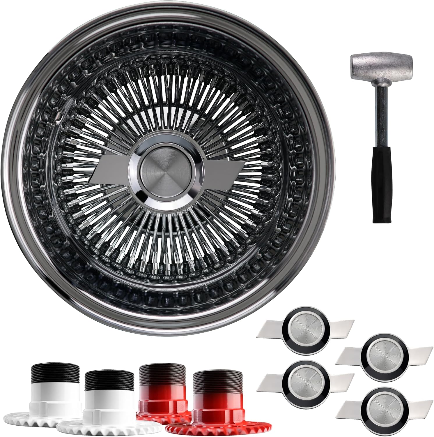 13x7 Reverse 100 Spoke Straight Lace Wire Wheels w/ 2 Ear Chevy Bowtie Cut Knock Off Spinner Caps, Adapters 5x100/5x4.25/5x4.5, Chrome Deep Dish Lowrider Rim, Set of 4 + Lead Hammer