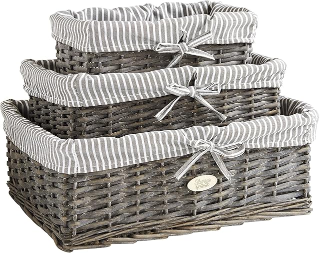 VonHaus Wicker Storage Baskets Set Of 3 Lined Shelf Storage Baskets Stackable Display Hamper Organiser Decorative Boxes For Shelves, Living Rooms, Bathroom