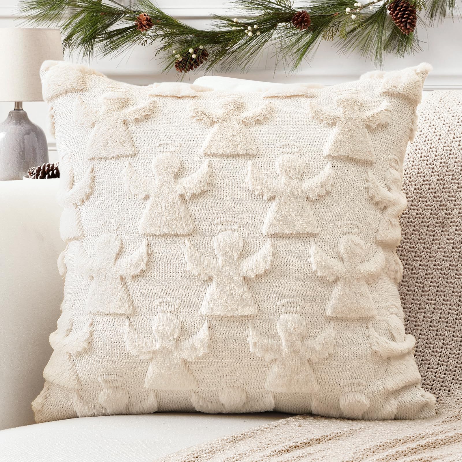 Artscope Set of 1 Xmas Soft Plush Short Wool Velvet Decorative Cushion Covers 50x50cm Square Luxury Style Throw Pillow Covers Pillow Shell for Sofa Bedroom Angel Cream Beige — image 1