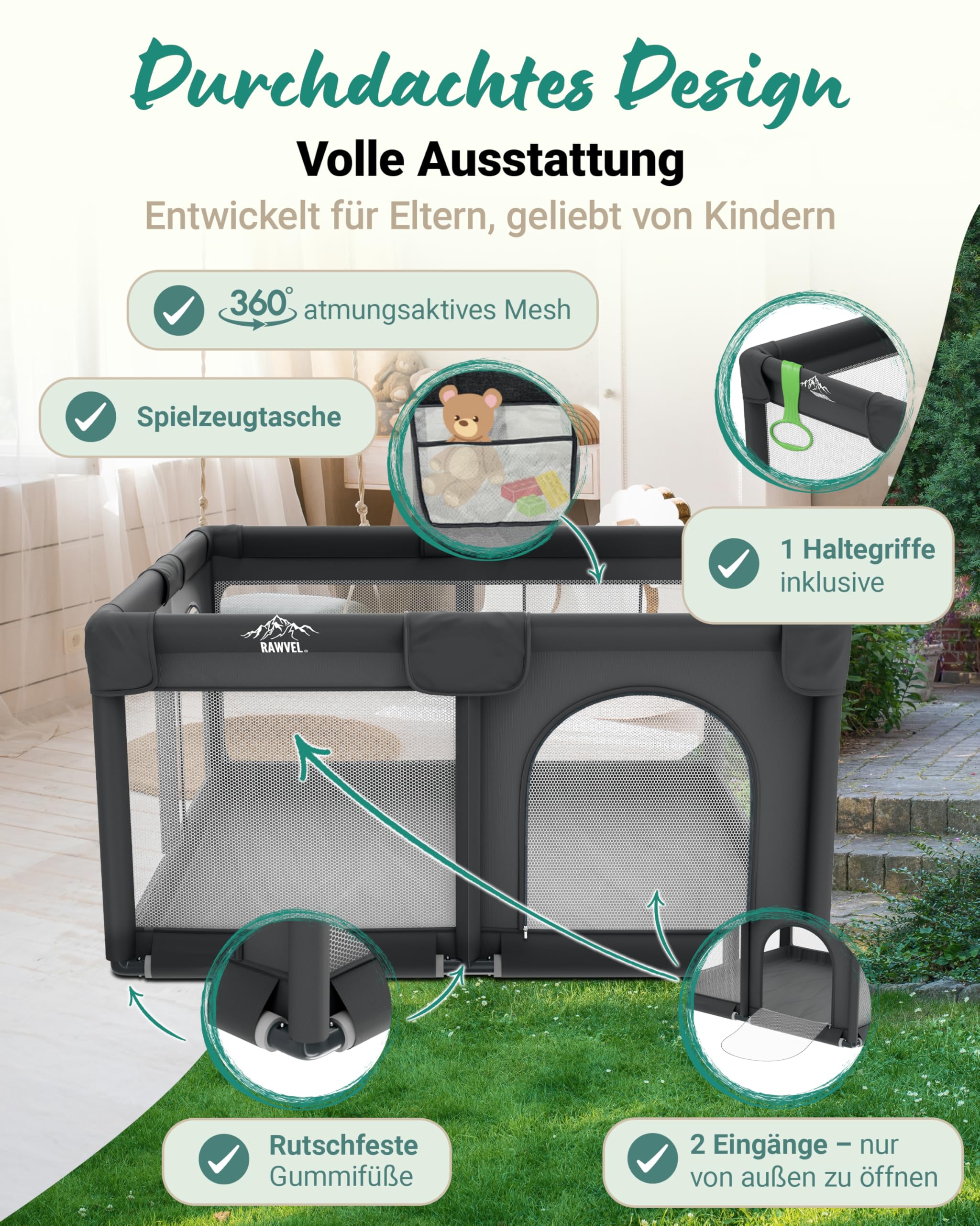 RAWVEL® Laufstall Baby Fence – [NEU 2025] – Laufgitter Baby Laufstall Playpen Kind, Laufgitter & Ställe, Kinderlaufstall, Play Pen – [Laborgeprüft] – Atmungsaktiv & Vollständig gepolstert - 130x130 cm