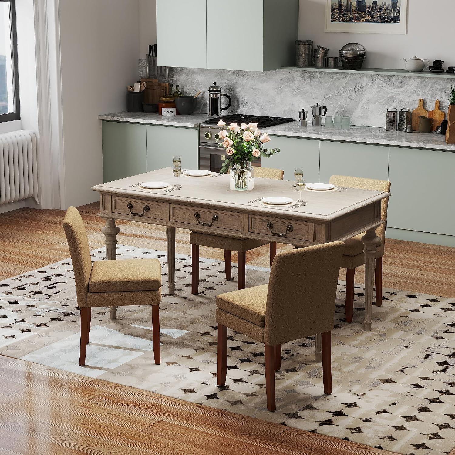 Upholstered Dining Chairs Set of 6, Modern Kitchen, Chairs with Double-Layer Cushions and Wood Legs, Linen Kitchen Accent Side Chair, Farmhouse Armless Chair for Dining Room Brown