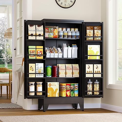 Miniatura 21 de Armario alto de almacenamiento de 75.2 pulgadas, gabinetes de despensa con 2 puertas y 5 estantes ajustables, gabinete de cocina negro, gabinetes de