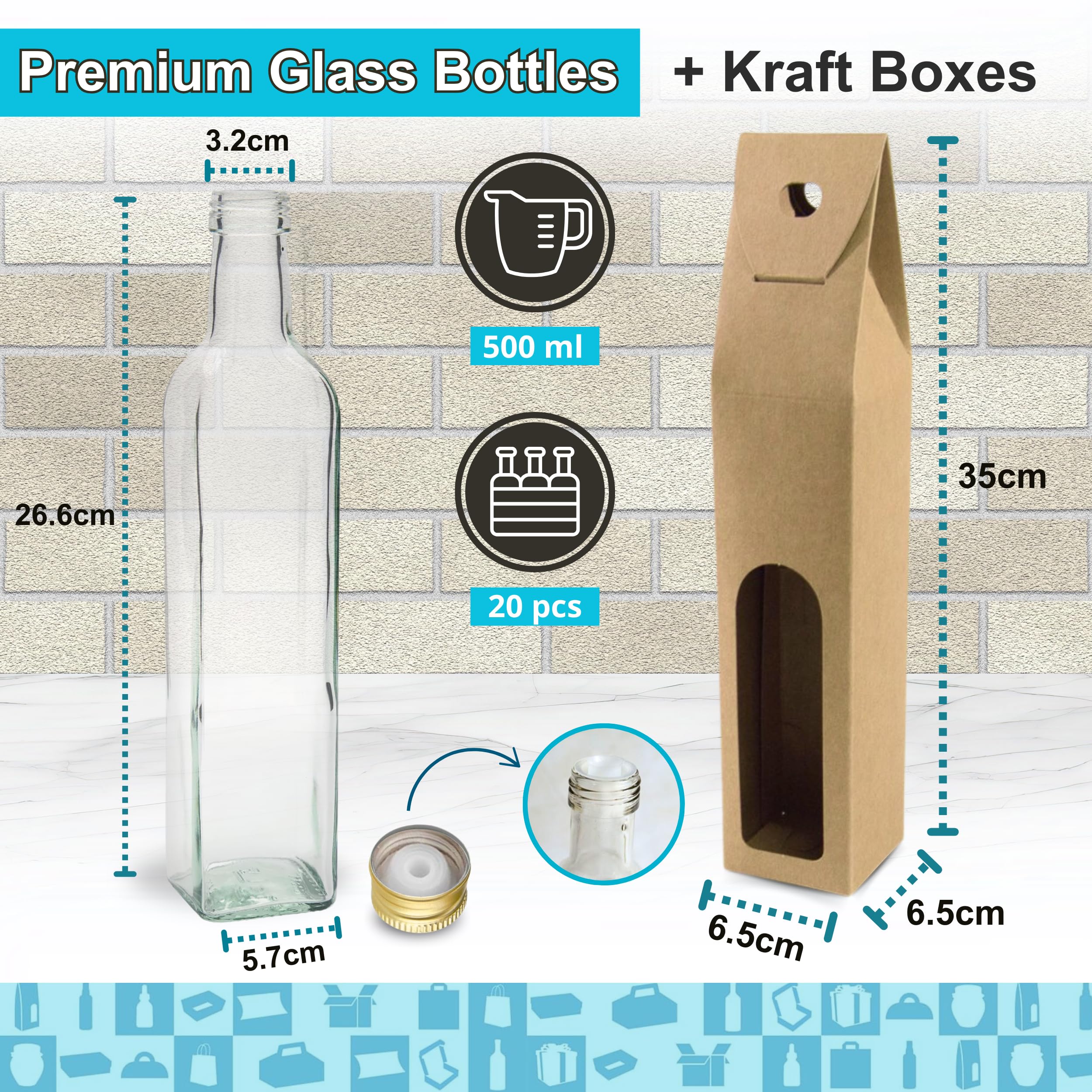 Espirito Rebelde 20 Botellas de Cristal 500ml con Tapón de Rosca Dorado con Boquilla Vertedora + 20 Cajas - Aceite de Oliva, Vinagre, Alcohol, Salsas - Aceitera de Cristal