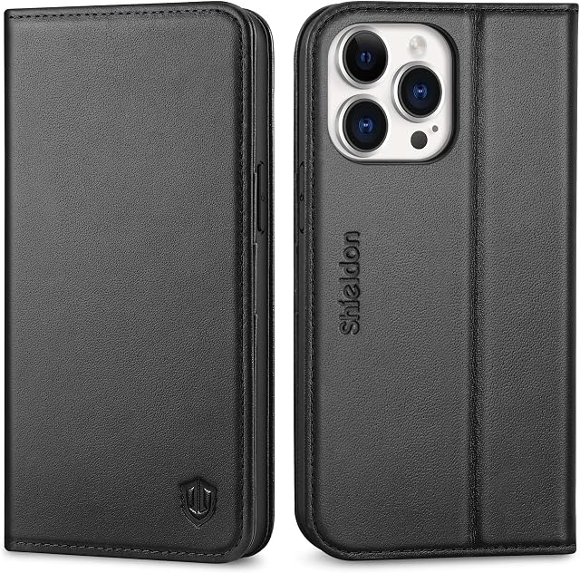 SHIELDON Case for iPhone 14 Pro Max 5G, Genuine Leather Wallet Case with [Card Slots][RFID Blocking][TPU Shell][Kickstand] Magnetic Shock Absorbing Folio Case Compatible with iPhone 14 Pro Max, Black