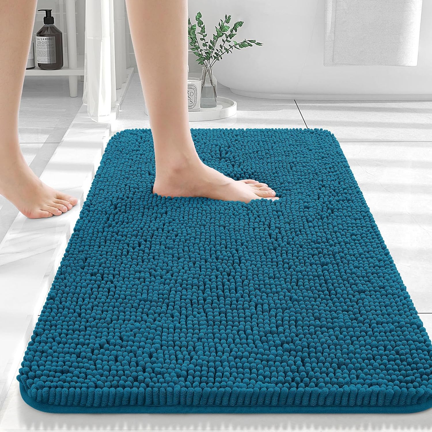 OLANLY Chenille Bath Rug and Shower Curtain, Bath Rug Size 36x24 in Peacock Blue and Shower Curtain 72x72 in Peacock Blue, 2 Item Bundle