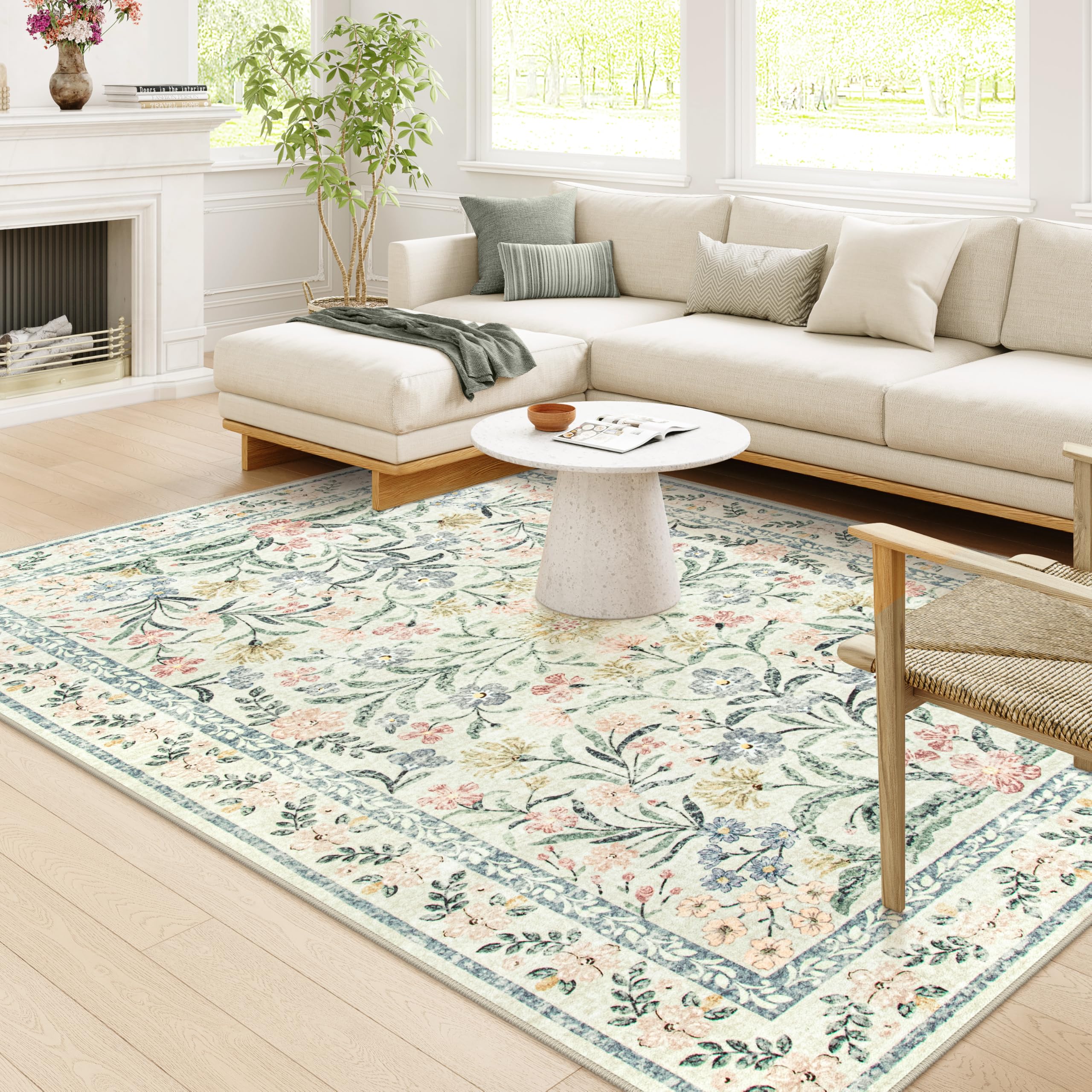 Wonnitar Large Washable 8x10 Rug, Boho Living Room Rug 8 x 10, Soft Area Rug for Bedroom Non Slip, Indoor Dining Room Rug Beige Floral Area Rugs for Apartment Office