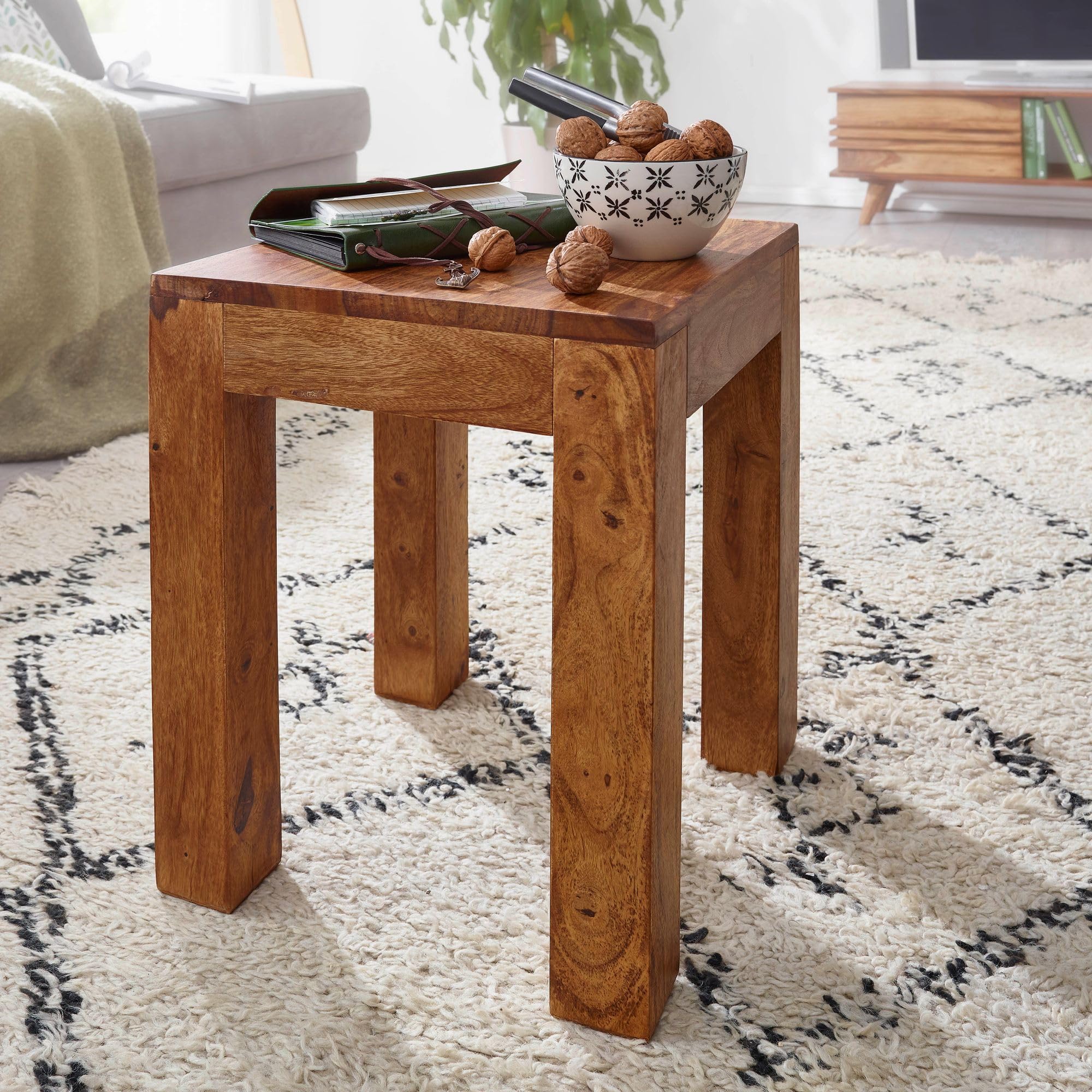 FineBuy Table d'appoint Bois Massif Sheesham 35 x 45 x 35 cm Table Basse Salon | Bout de canapé est - Table de téléphone - Table en Bois carré