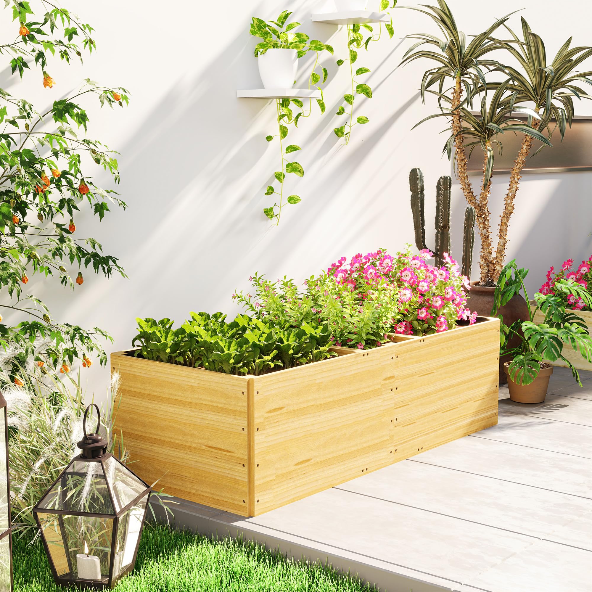 Outsunny Letto per Orto Rialzato da Esterno Divisa in 3 Aree con Strato in Tessuto non Tessuto, Fioriera da Balcone in Legno di Abete, per Piante, Fiori, 140x60x40 cm, Color Legno