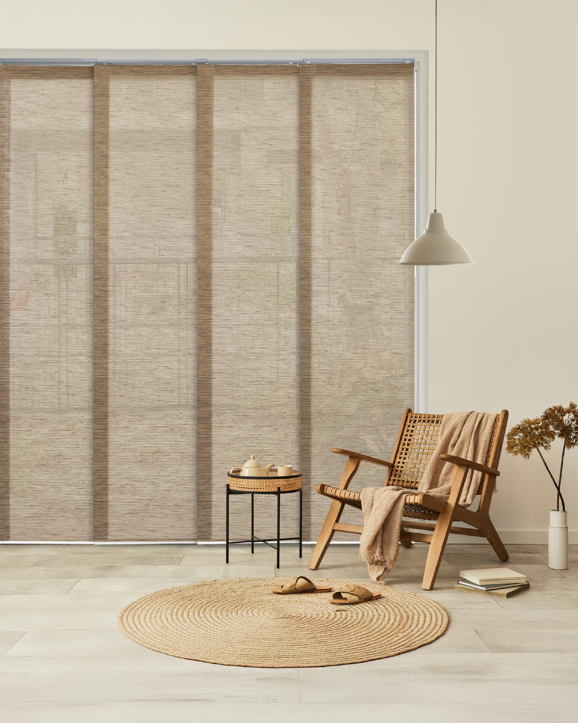 GoDear Design Deluxe Adjustable Sliding Panel Track Blind 45.8"- 86" W x 96" H, Extendable 4-Rail Track, Trimmable Jute Fabric, Semi-Privacy, Yoga