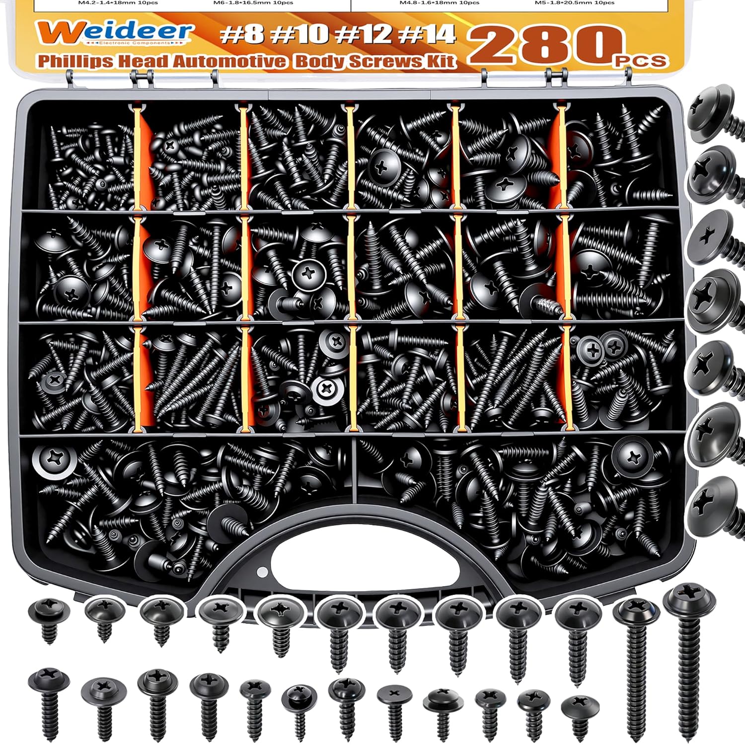 weideer 280pcs Automotive Body Screw Assortment Kit,#8#10#12#14 Automatic Trim Screws, Self Tapping Screw,Phillips Head&Washer Head Universal Fender Liner Screw