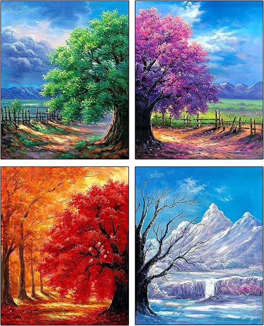 Muzagroo Art 4 Pack 5D Diamond Painting Kits for Adults DIY Drill Diamond Art Kits 4 Seasons Wall Art for Living Room Diamonds Arts and Crafts by Numbers for Beginners