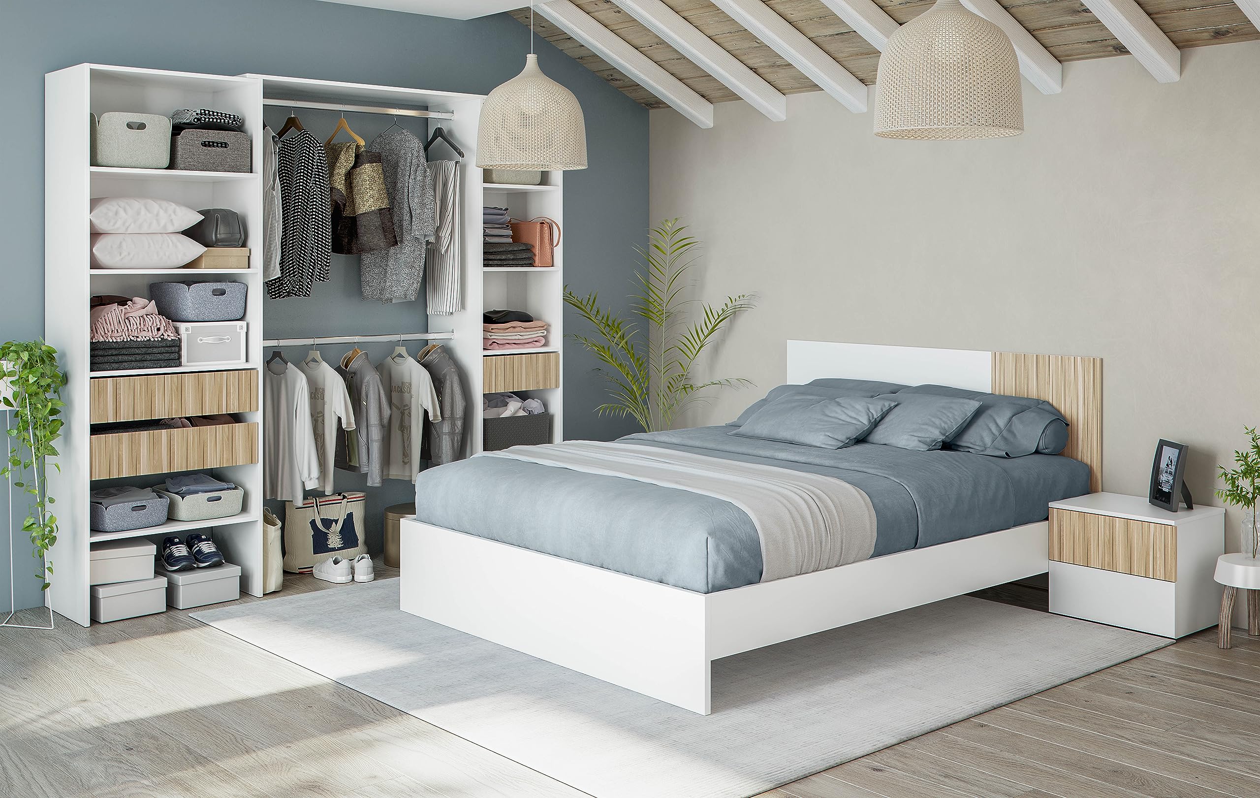 Mobelcenter, Conjunto Cabezal y 2 Mesitas Dormitorio Ethna, Cabecero y Mesitas para Cama de Matrimonio, Color Blanco Artik y Natur, Medidas: Ancho: 266 cm x Fondo: 34 cm x Alto: 91 cm (1428)