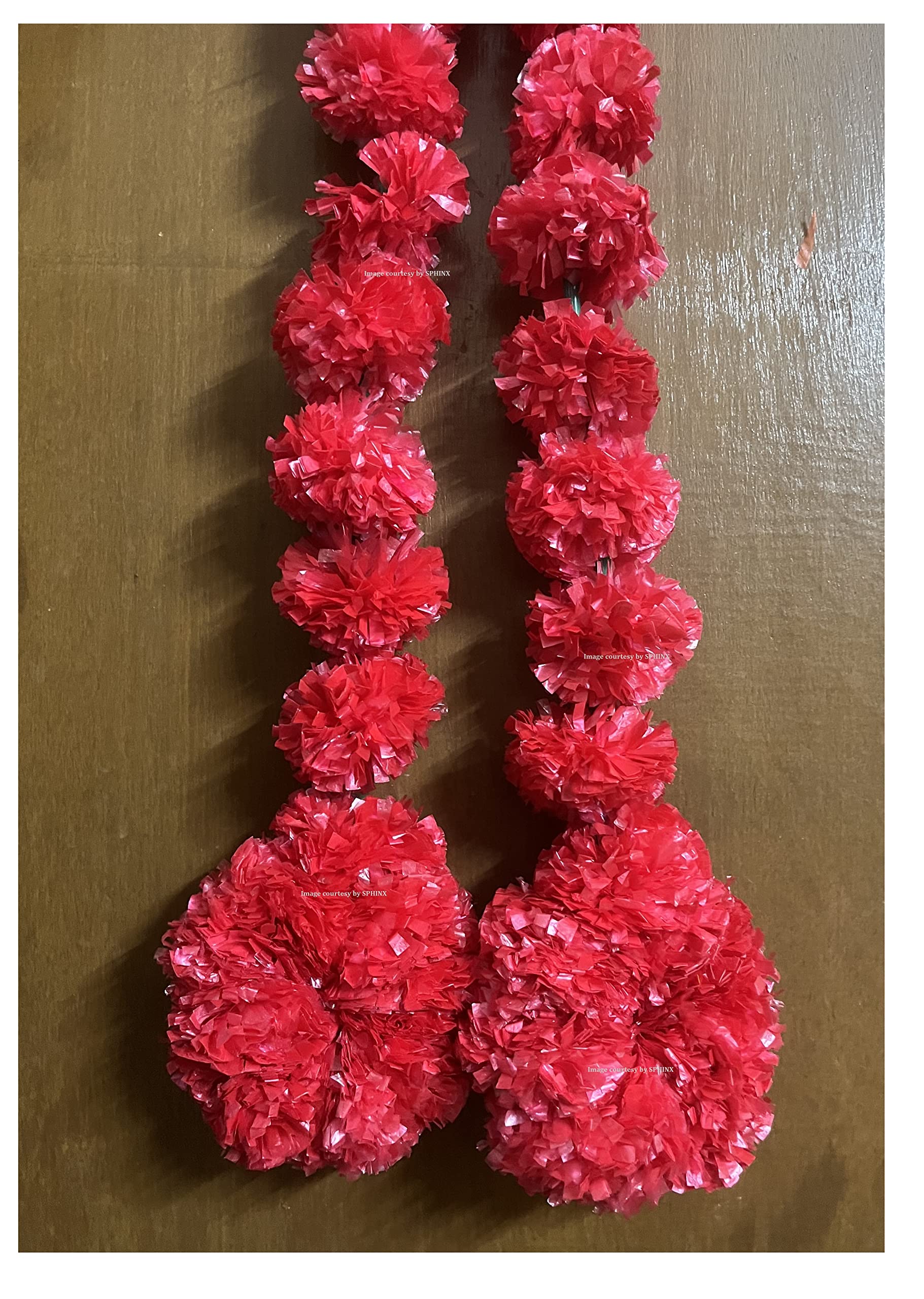 Sphinx artificial marigold fluffy flowers round bottom garlands/strings/latkans for festive pooja wedding housewarming decorations Approx. 1.75 ft - (Red, 6)