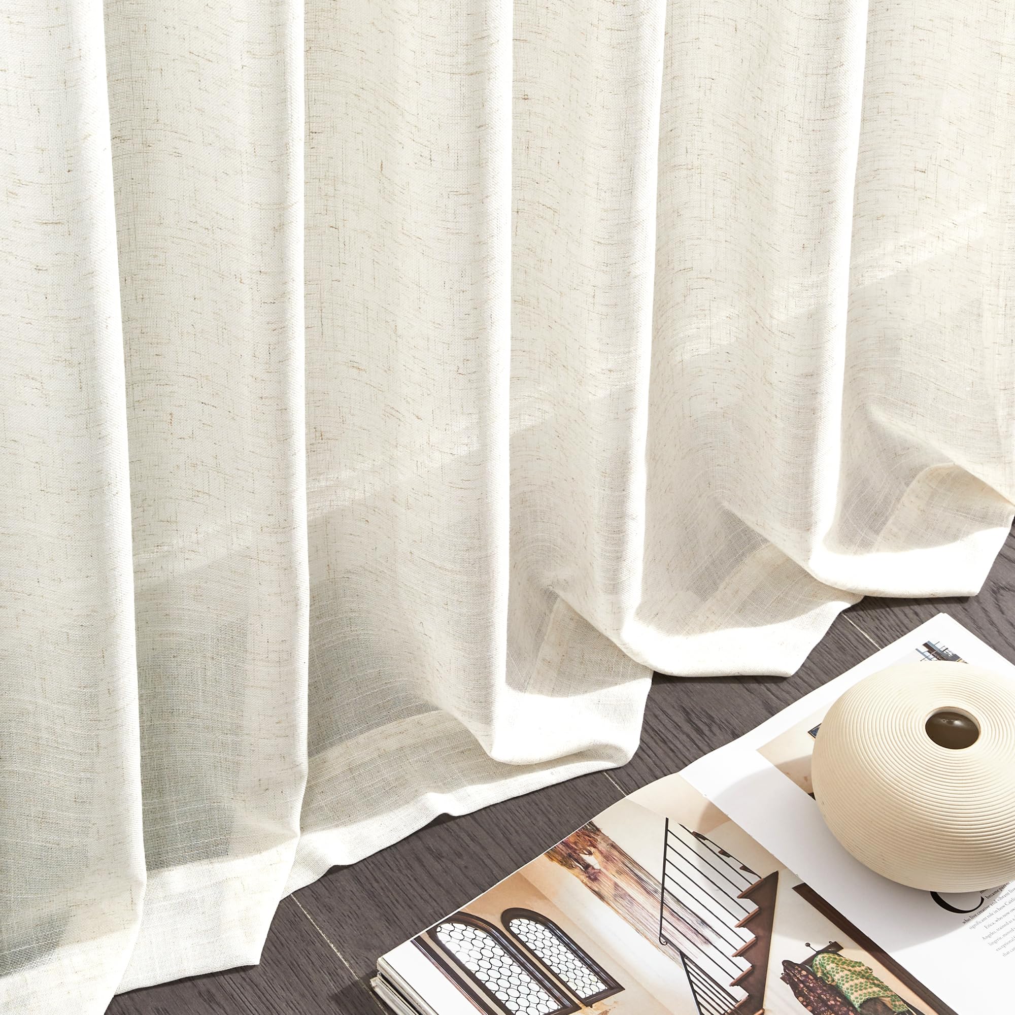 Deconovo Cortina de gasa con cinta fruncida, cortina decorativa semitransparente, aspecto de lino, cortinas ventiladas para salón, 290 x 140 cm (altura x anchura), lino, juego de 2 unidades