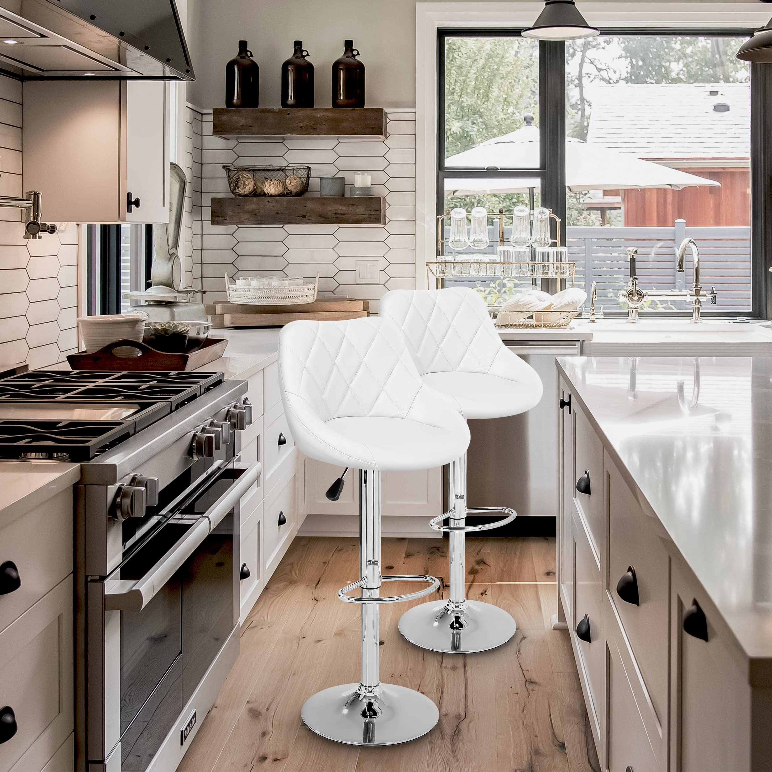 TRESKO® Set di 2 Sgabelli-Bar moderni, Sedia Bar, Sgabello Lounge con schienale, 10 colori diversi, cromato, rotazione libera a 360 °, la regolazione in altezza dei sedili 60,0-80,0 cm (2x bianco)