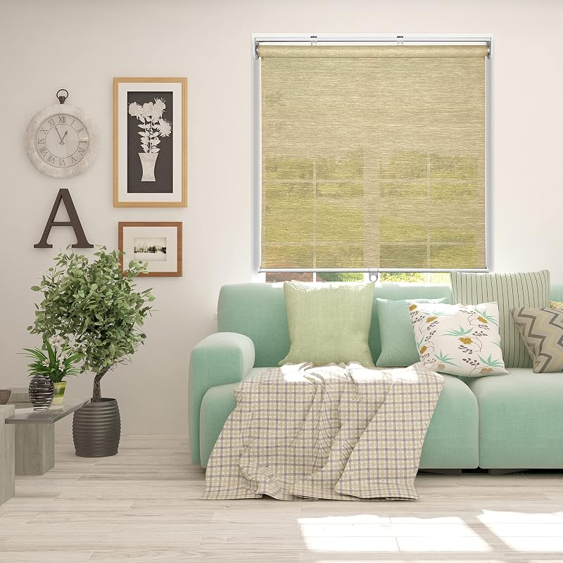 Natural Weave Fabric Roller Window Shade, Sheer, Light Filtering, Cordless, 33.5" W x 60" H, Sand