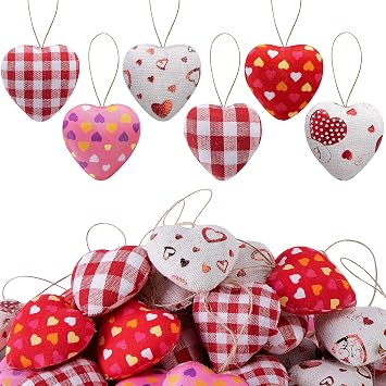 EBaokuup 30 Pcs Valentines Fabric Heart Ornament for Hanging-6 Styles Red Pink Buffalo Plaid Check-Heart-Shaped Hanging Decoration for Valentines Day Home Decor Wedding Party DIY Crafts