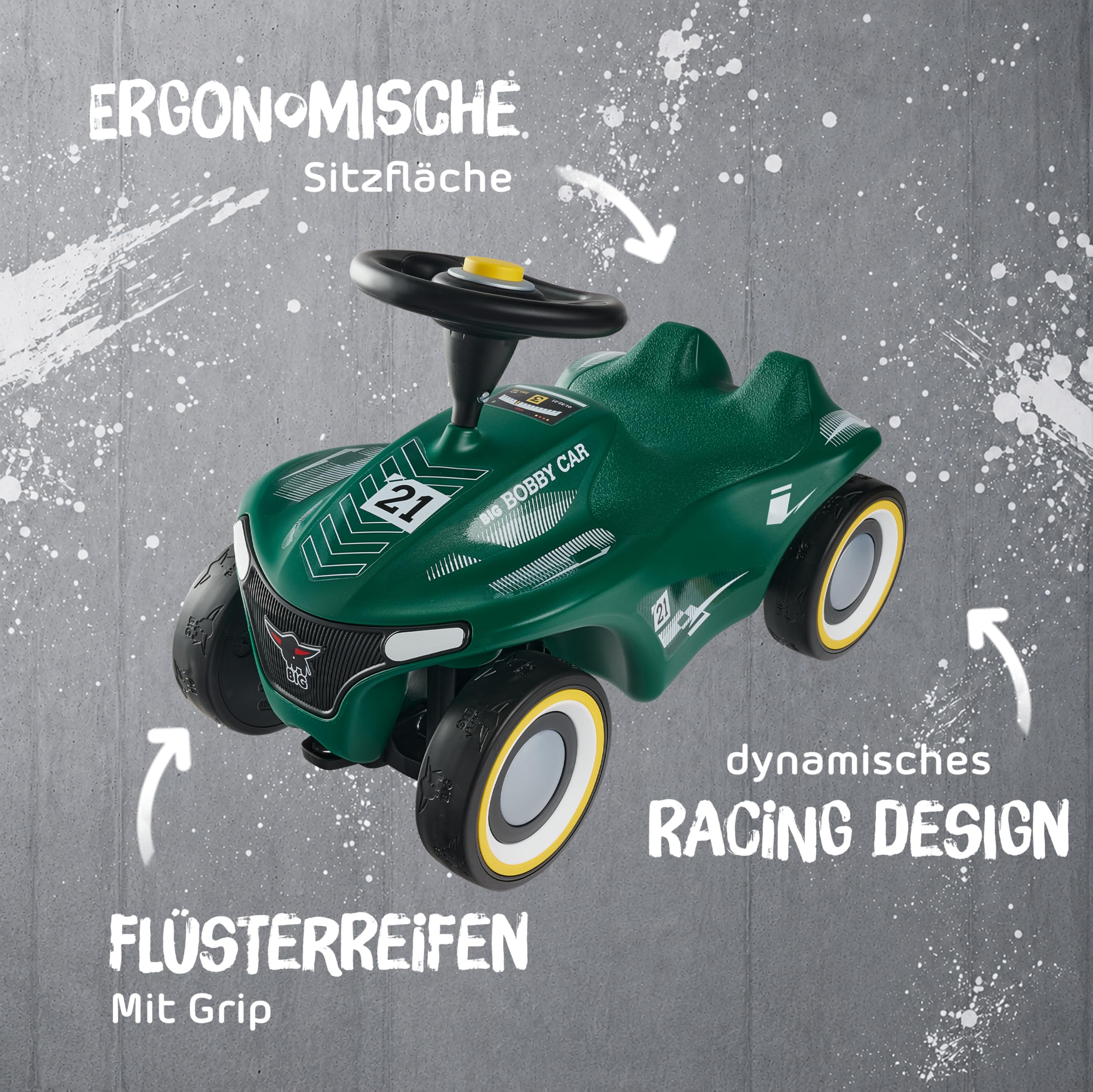Big Bobby Car Neo RS grün - Rennwagen Rutschauto Kinderfahrzeug mit Flüsterreifen für leise Fahrgeräusche und Guten Grip, ergonomischer Sitz mit Kniemulde, Kleiner Wendekreis, ab 12 Monaten