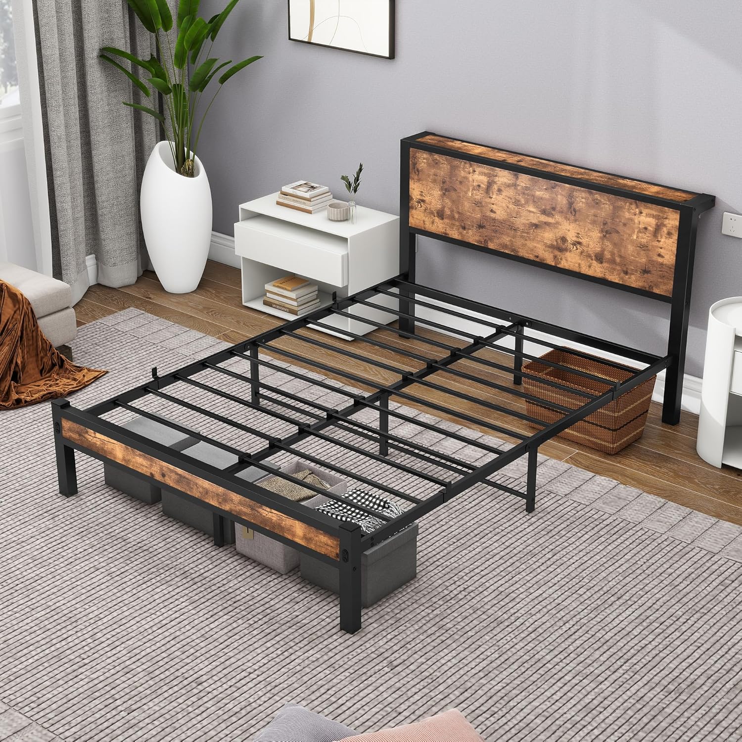 DUMEE Full Bed Frame with Wood Storage Headboard, Metal Platform Bed Frame Full, No Box Spring Needed, Noise Free, Reinforced Strong Support Leg, Textured Black&Brown Oak - Image 6