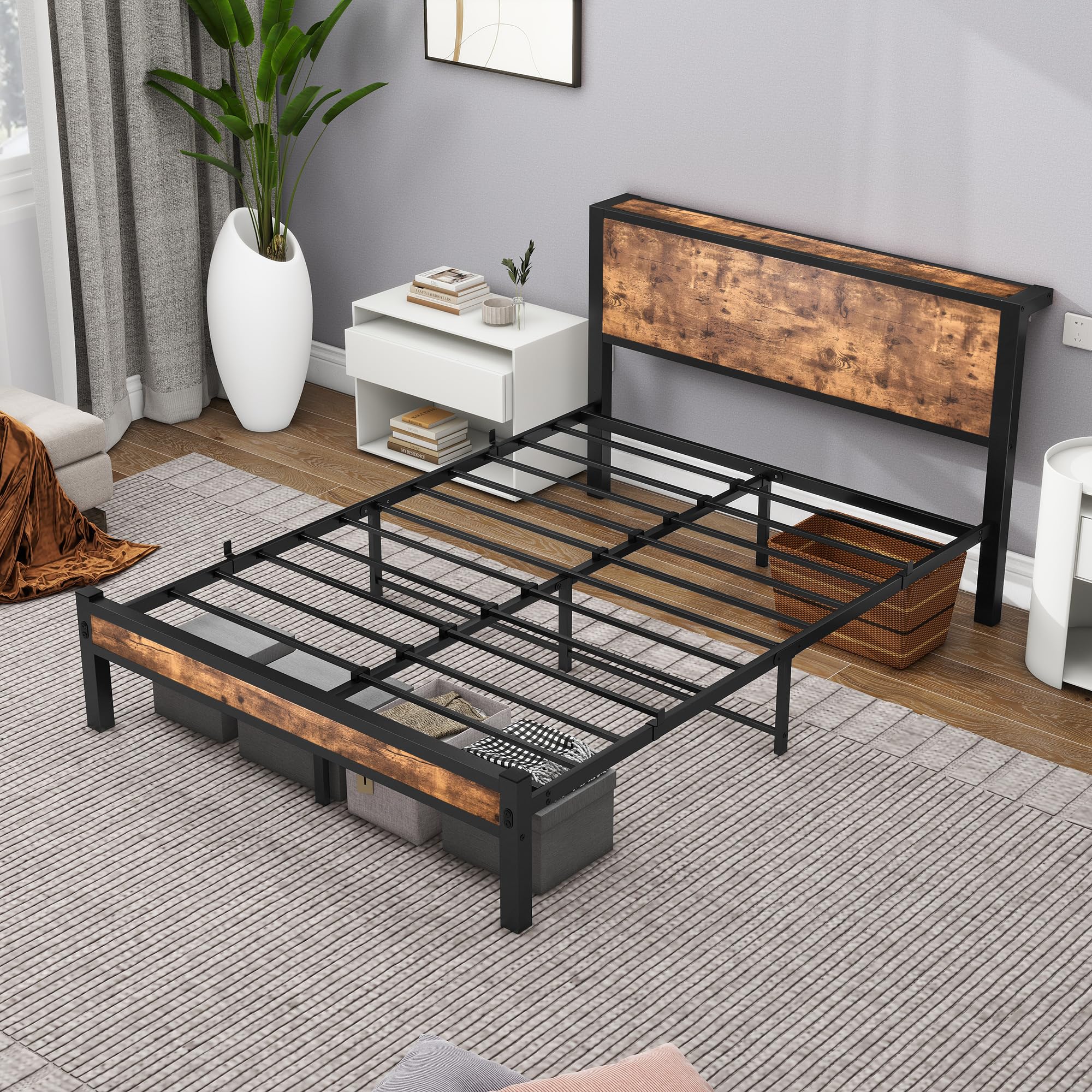 DUMEE Bed Frame Queen Size with Wood Storage Headboard, Metal Queen