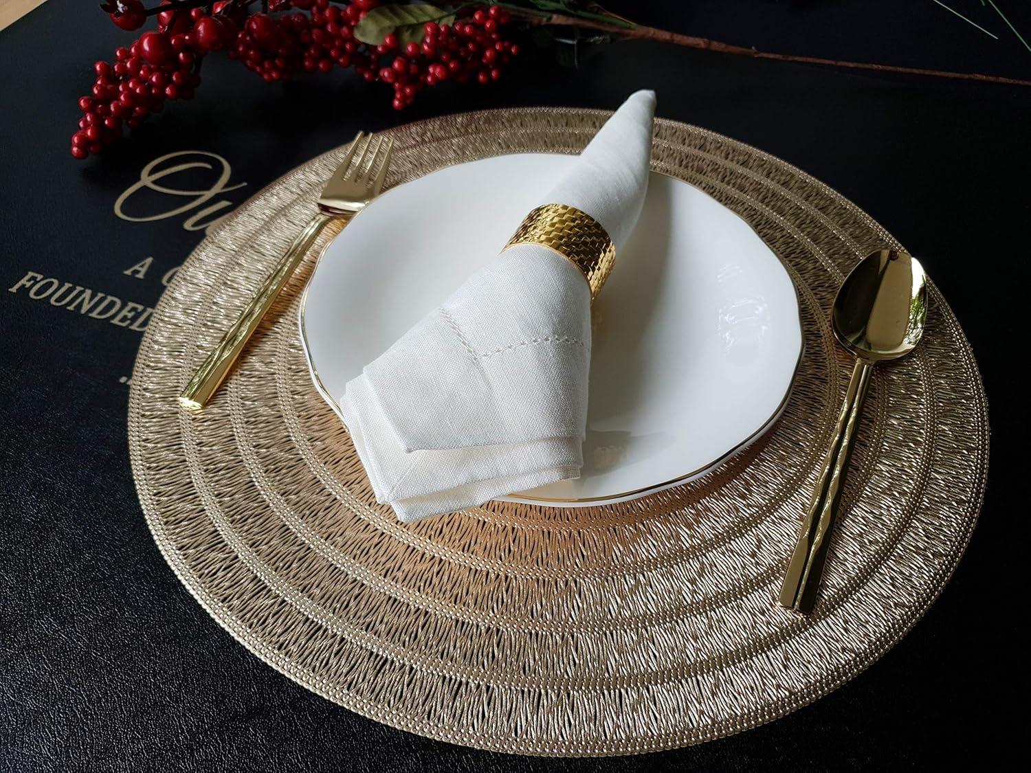 Exclusive Discount 80% Offer Gold Placemats for Dining Table - Round Placemats Set of 6 for All Occasion - Ideal for Thanksgiving Christmas Housewarming Parties - 15 Inches Modern Placemats