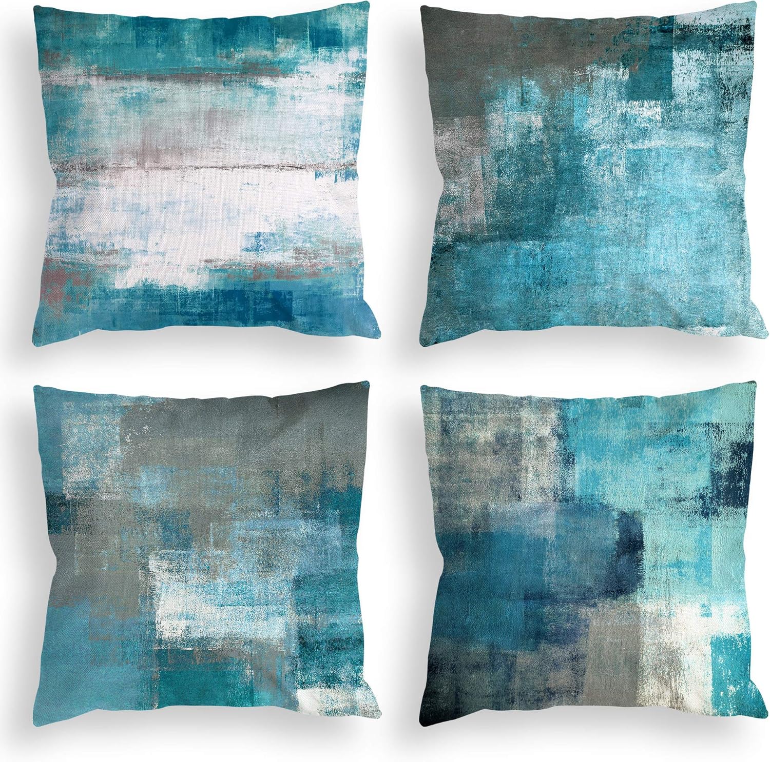 COLORPAPA Teal Throw Pillow Covers 20x20 Set of 4 Decorative Cushion Cover Turquoise Grey Abstract Art Painting Pillowcase for Sofa Bedroom Living Room Décor