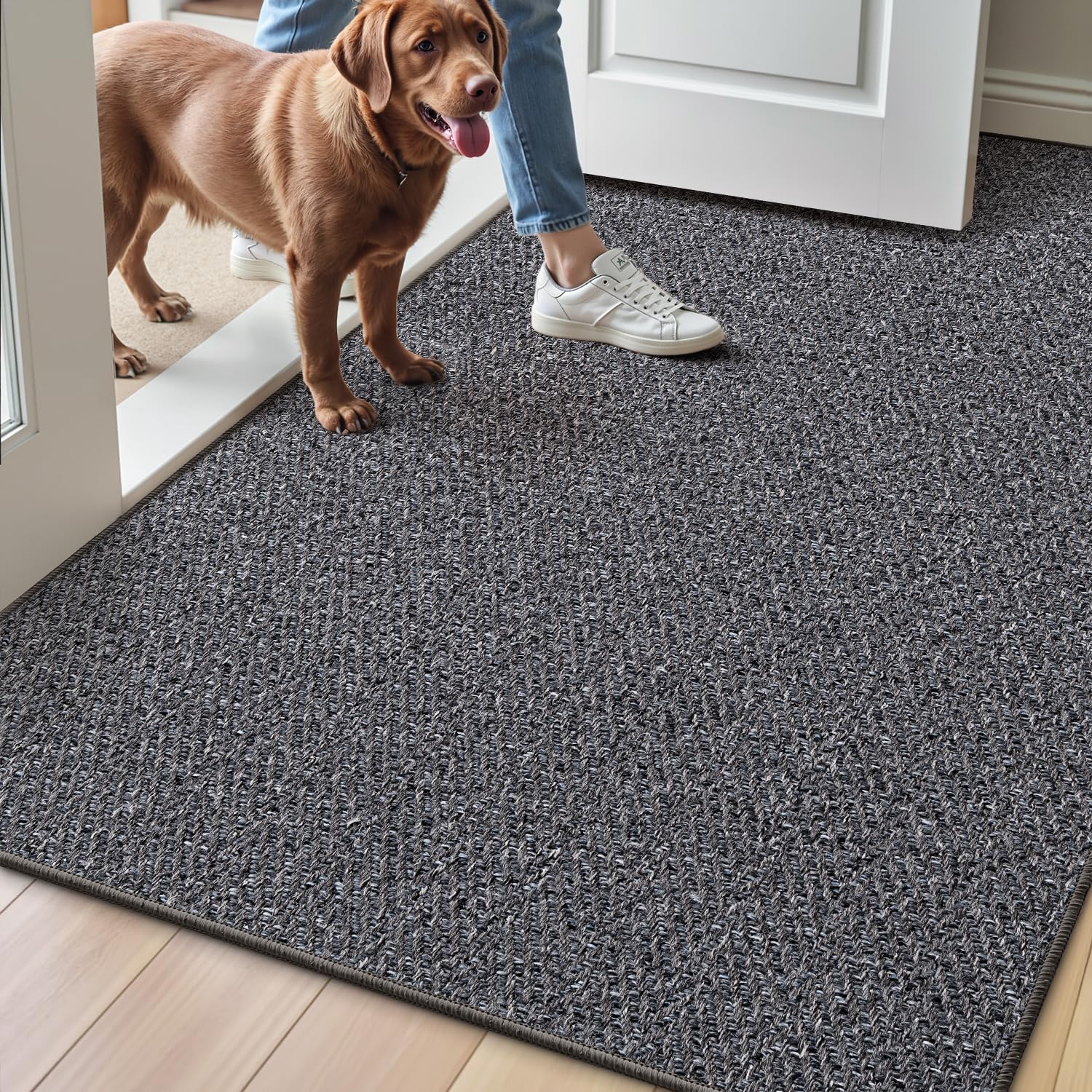 LUMI Ultra Thin Indoor Door Mat for Entrance 48"x72", Non Slip Entryway Mat, Low Profile Doormat, Unique Herringbone Design Carpet for Inside, Patio, Porch, Dark Gray