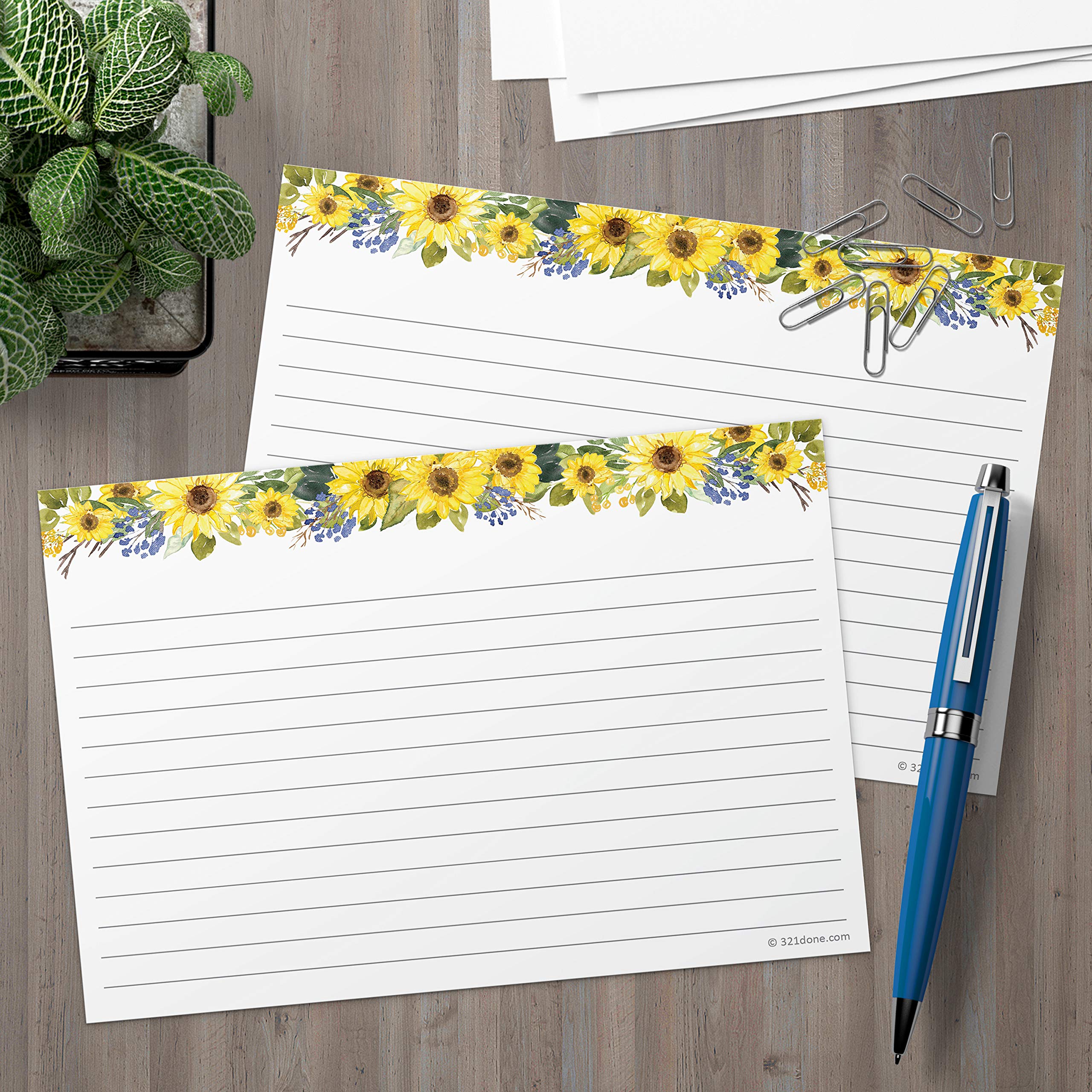 Large Sunflower Index Cards 5x7 - College Ruled, Thick Cardstock, Made In USA