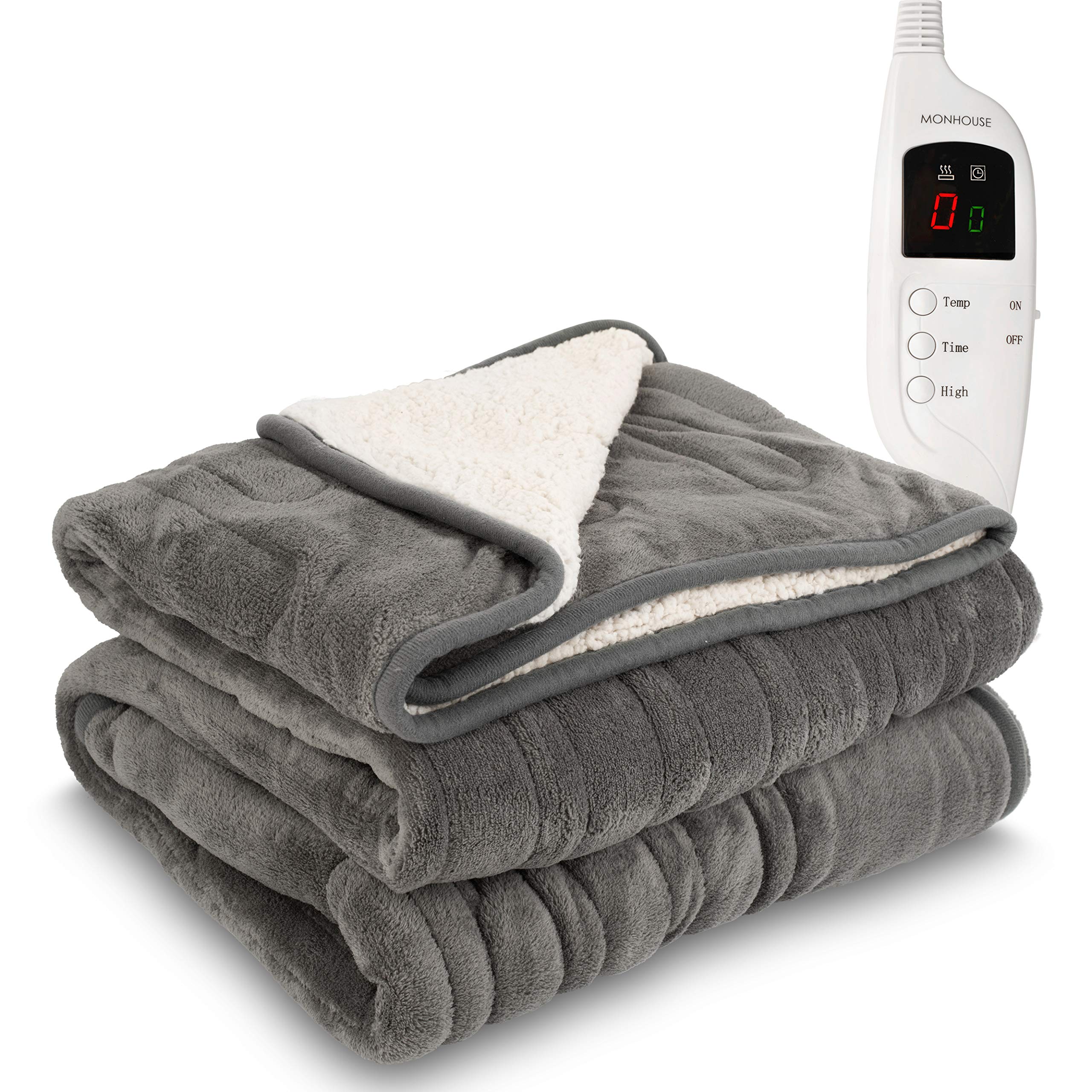 Monhouse Grey Shearling Heated Throw - Pack Of 2 Electric Blankets - Digital Controller - Timer Up To 9 Hours, 9 Heat Settings, Auto Shutoff - Machine Washable - King 180X200cm