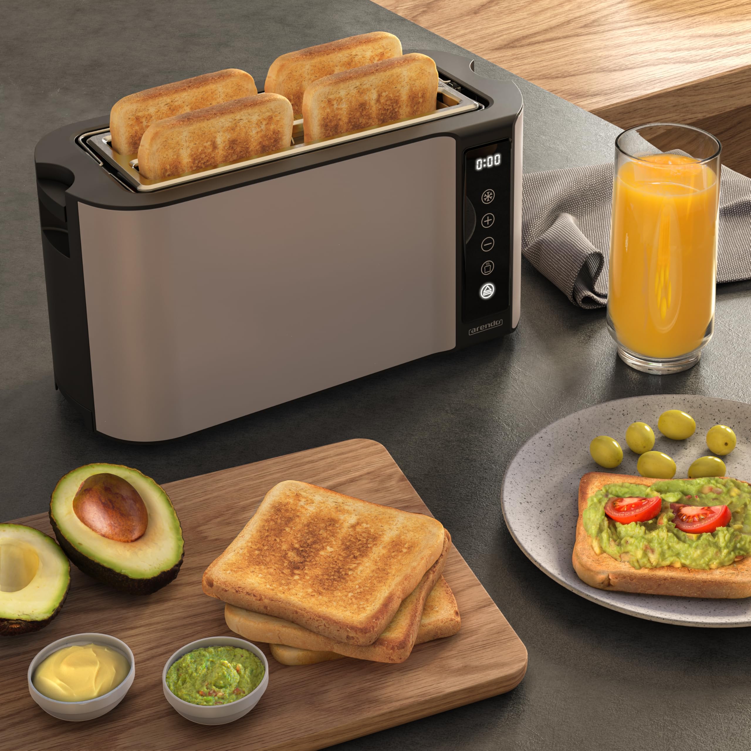 Arendo - Edelstahl Toaster Langschlitz 4 Scheiben- Touchscreen – Doppelwandgehäuse – 1500 W – Integrierter Brötchenaufsatz – 7 Bräunungsgrade – Brotzentrierung – Restzeitanzeige – Memoryfunktion