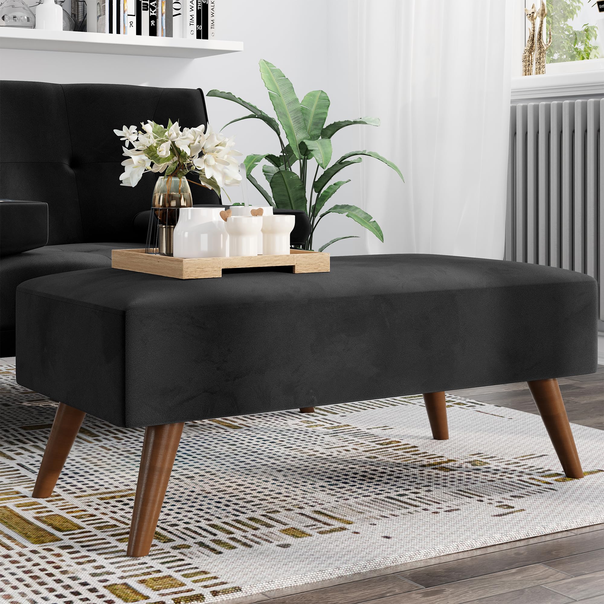 Shintenchi35" Upholsterled Ottoman Bench, Velvet Fabric Footrest, Morden Small Padded Seat for Living Room, Bedroom, Entrance, Black