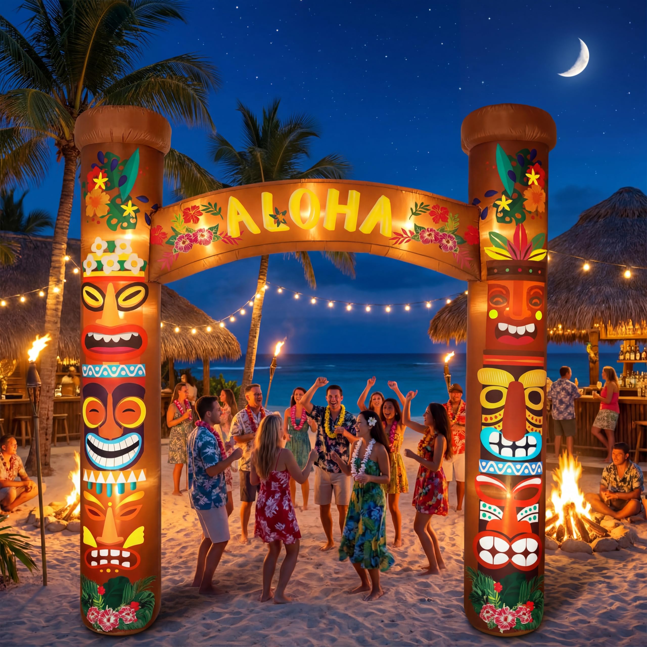 Photo 1 of ***USED**** 8.5 ft Tiki Inflatables Hawaiian Luau Party Decorations Summer Tropical Inflatables Tiki Archway Outdoor LED Lighted Blow up Aloha Hawaii Birthday Party Decorations for Luau Bar Beach Pool Patio