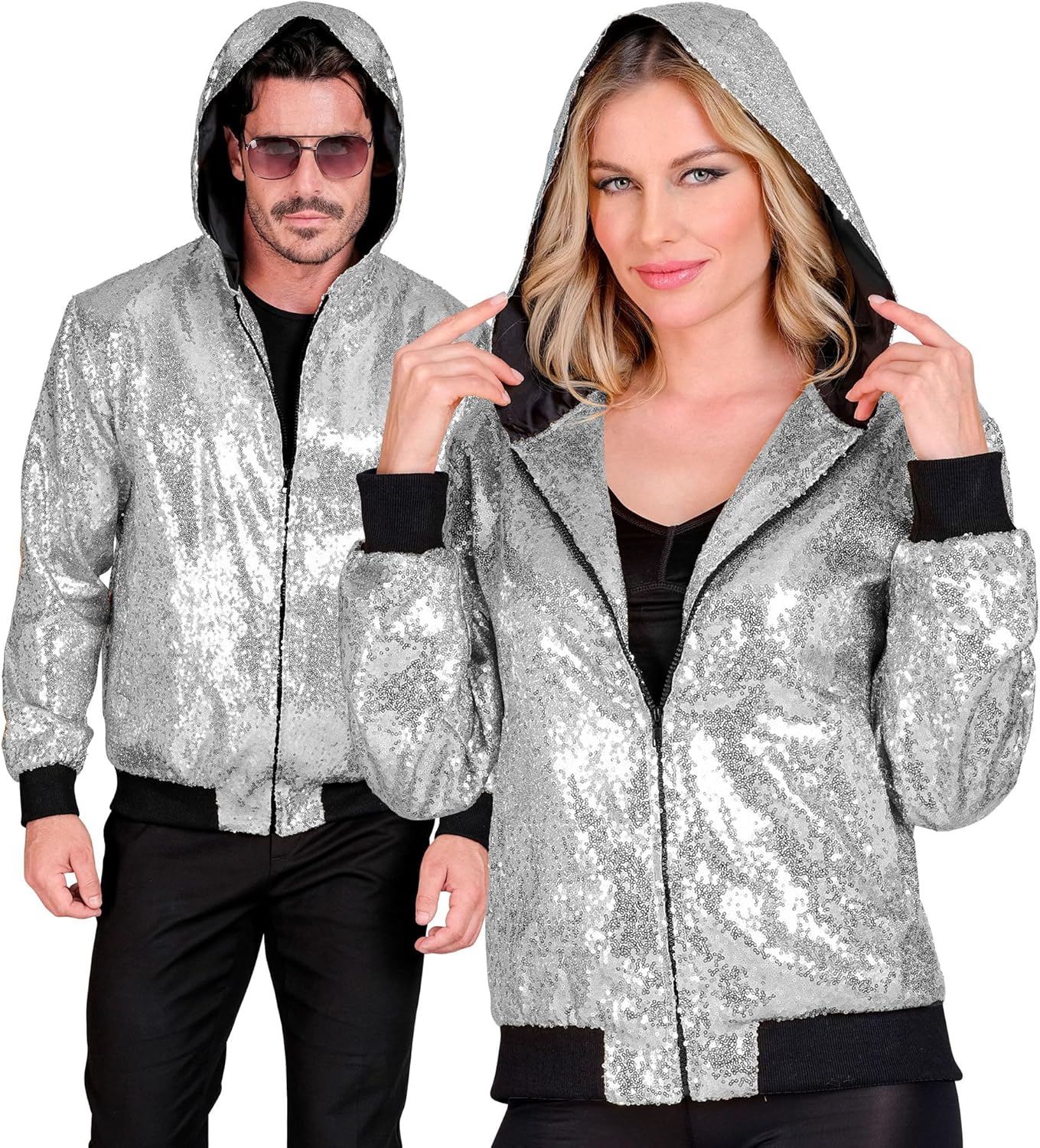 W WIDMANN MILANO Party Fashion - Party Fashion Bomber Jacket with Hood, Sequin Jacket, Party Outfit, Disco