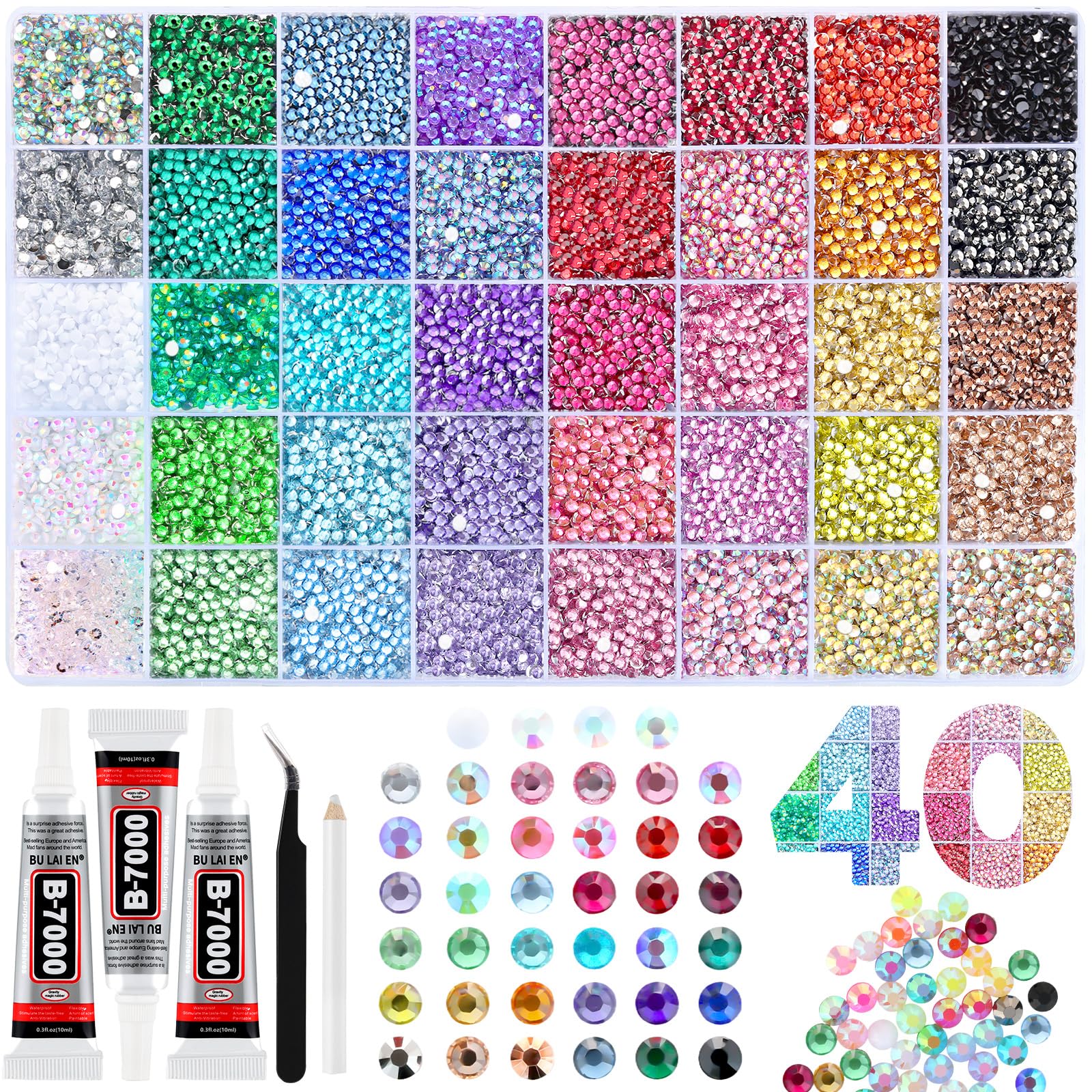 Zefy 40 Colors Resin Rhinestones for Bedazzling 3mm 40000 Pcs